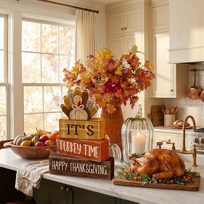 Moucuny 4 Pcs Fall Decorations for Home Wooden Turkey Decor Thanksgiving Tiered Tray Decor Thanksgiving Table Centerpiece Rustic Wooden Turkey Time Block Sign for Autumn Harvest Party Kitchen Shelf