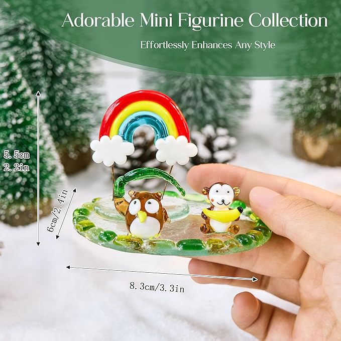 H&D HYALINE & DORA Blown Glass Owl and Monkey Figurine Miniature Aniamal Figurine with Round Base Handmade Glass Animal Collectible Figure for Christams Home Tabletop Decor