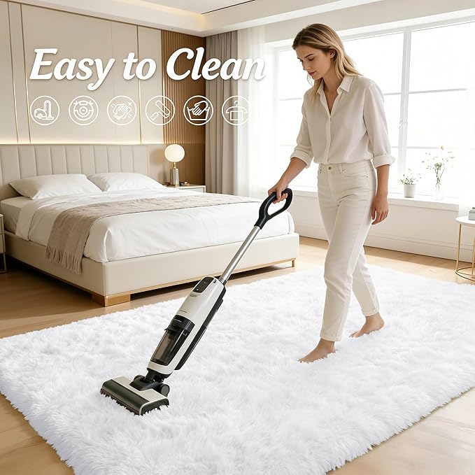 OLANLY 7x7 Machine Washable Large Area Rugs for Living Room, Bedroom, Soft Fluffy Shaggy Bedside Rug, Indoor Floor Carpet for Kids Girls and Boys, Dorms, Nursery, Home Decor Aesthetic, White