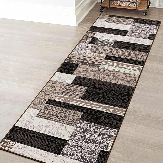 FlyDOIT Modern Geometric Patchwork Area Rug, 2.7x8 Chocolate Runner Rugs for Living Room, Rockwood Collection Indoor Rugs for Bedroom, Throw Carpet Floor Decor for Entryway Dining Room Office Nursery