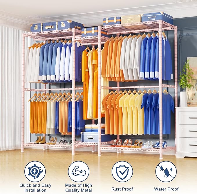 Ulif E12 Pro Clothes Rack，Heavy Duty Freestanding Garment Rack with Shelves，Metal Clothing Closet Storage System for Hanging Clothes，71" W x 16" D x 76.5" H, Hold 960 lbs，Pink