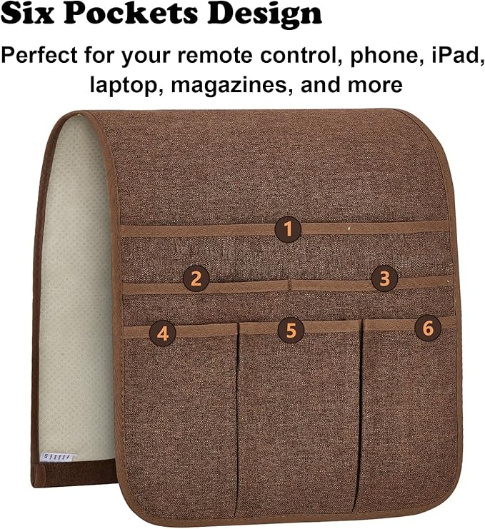 Teniux Remote Control Holder Armchair Caddy for Recliner Couch, Non-Slip Armrest Organizer with 5 Pockets for Magazine, Tablet, Phone, iPad (Brown)