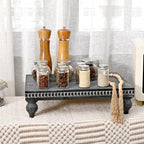 SwallowLiving Farmhouse Wood Riser for Display Decorative, Rustic Shabby Chic Tray for Kitchen Counter, Coffee Bar Table, Dining Room, Wooden Rectangle Beaded Pedestal Stand for Food, Black