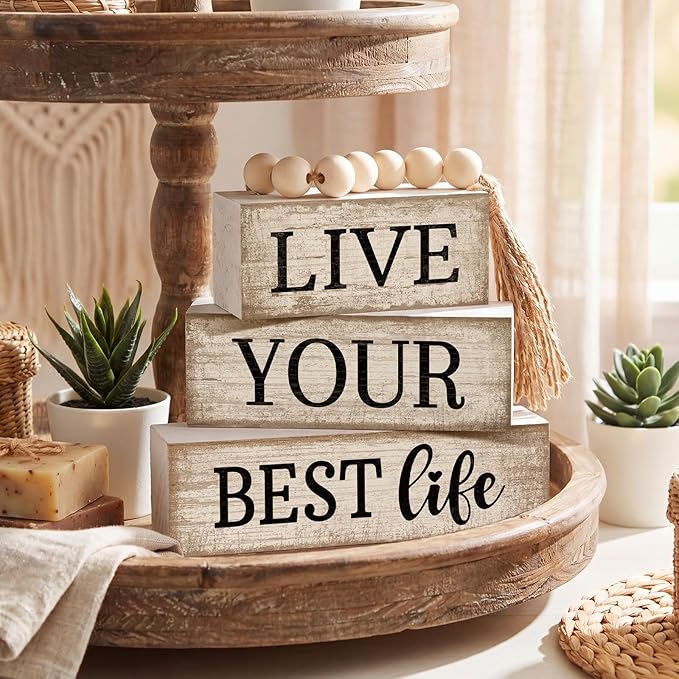 Moucuny 4 Pcs Farmhouse Table Decor Inspirational Wooden Signs Rustic Beaded Wooden Block Gift Sign Live Your Best Life Farmhouse Table Centerpiece for Living Room Housewarming Gift