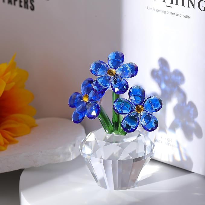Qianwei Blue Forget Me Not Crystal Flowers - Sympathy Glass Flowers Collectible Figurines Decor Paperweight Ornament Home Office Table Desk Decorations