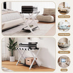 26.77" Full Assembled Luggage Rack for Guest Room, Set of 1 Bamboo Foldable Suitcase Stand, Bedroom & Hotel, Folding Luggage Holder with 5 Nylon Straps, 600D Oxford Fabric Shelf White