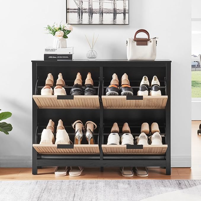 4 Flip Drawers Shoe Cabinet Storage for Entryway, Narrow Hidden Wood Shoes Organizer Cabinet Front Door Entrance Thin Free Standing Front Door Shoe Rack Storage for Entryway(Oak&Black)
