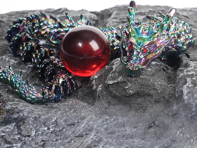 LIYAOLI Large Metal 3D Printed Articulated Chinese Dragon Figurine Statue Bookshelf Decor 15 Inch Three Color Flexible Joints Luck Dragon for Home Office Desk Decoration,with Red Gemstone Bead