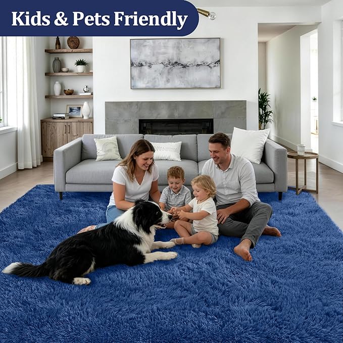 8x10 Area Rugs for Living Room Bedroom: Ultra Soft Fluffy Shag Rug Upgrade Non-Slip Non-Shedding Large Fuzzy Plush Carpet Indoor Floor Carpets for Kids Room Playroom Nursery Dorms Home Decor Blue
