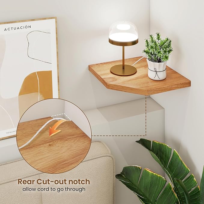 Fun Memories Corner Shelf Wall Mount, Solid Oak Wood Floating Corner Shelves with Cable Hole, 10in Rustic Design for Bedroom, Bathroom, Kitchen, Living Room (Natural, 1 Pack)