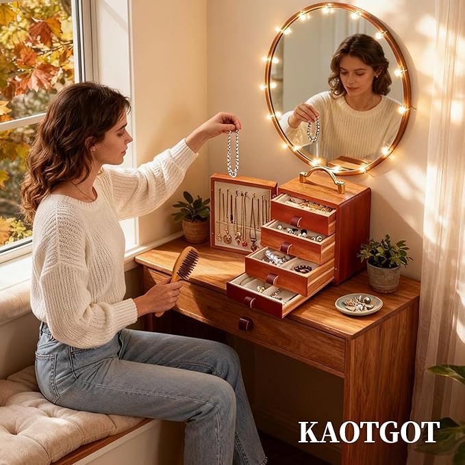 Wooden Jewelry Box for Women 4 Tier Walnut Wooden Jewelry Box with handle (Butterfly Prints A)