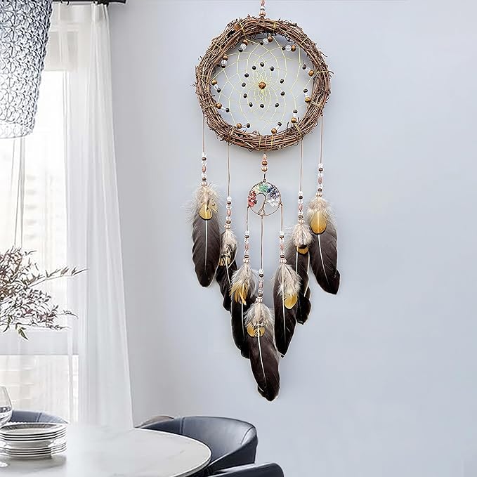 Tree of Life Dream Catcher, Handmade Woven Traditional Craft Rattan Dream Catchers Wall Hanging Ornament,7 Chakras Crystal Healing Stones Art for Bedroom Decor, Festival Blessing Gift (Dark Brown)
