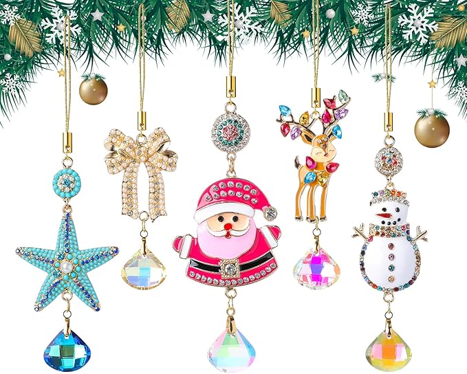 5Pcs Hanging Ornaments for Christmas Tree Mix Color Christmas Decor Set Thanksgiving Xmas Wedding Party Gifts Crystal Suncatchers Indoor Home Decor