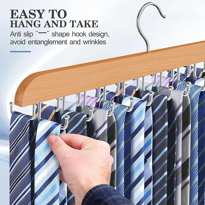 Tie Rack Hanger for Closet 20 Foldable Hooks, 2 Pack Wooden Non Slip Large Capacity Space Saving Tie and Belt Organizer with 360°Rotating Hooks for Tank Tops Bras Scarves Hat