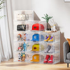 Hat Organizer Box, Stackable Clear Baseball Caps Holder Box Containers with Magnetic Door for Hats Snapback Cap Storag, Hat Rack Display Case, Holds 8 Hats Each (Clear, 6 Pack)