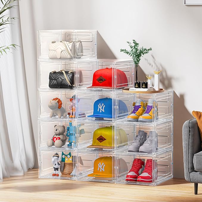 Hat Organizer Box, Stackable Clear Baseball Caps Holder Box Containers with Magnetic Door for Hats Snapback Cap Storag, Hat Rack Display Case, Holds 8 Hats Each (Clear, 6 Pack)