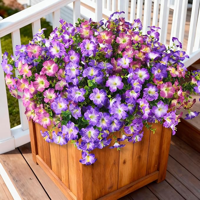 INQCMY Artificial Fake Flowers for Outdoor Spring Decoration,12 Bundles Faux Silk Colorful Morning Glory with Eucalyptus UV Resistant Realistic Fake Plants for Outside Planter Porch Patio Yard Garden