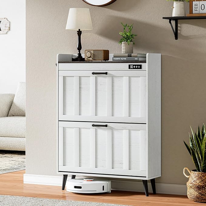 ChooChoo Shoe Storage Cabinet with 2 Flip Drawers, Deodorizing Shoe Organizer Storage for Entryway, Freestanding Hidden Slim Narrow Shoe Rack Cabinet, Antique White & Brown