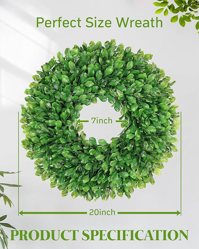 Vlorart 20 Inch Faux Round Boxwood Wreath, Weatherproof Wreaths for Front Door, Artificial Spring Summer Greenery Wreath with Sash for Farmhouse Wedding Year Round Indoor and Outdoor
