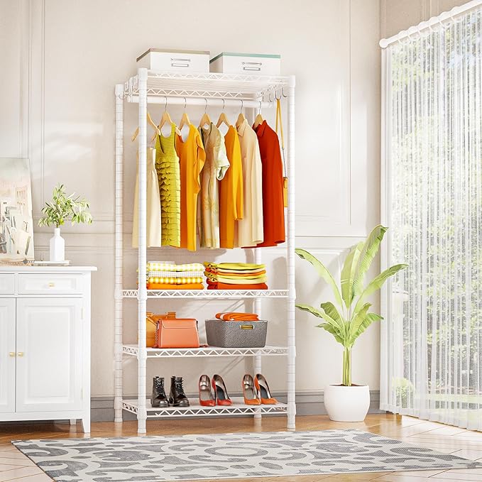 Ulif H4 Mini Portable Closet, 4 Tiers Freestanding Clothing Garment Rack for Small Space, Metal Clothes Wardrobe System for Bedroom, 23.6" W x 14" D x 76.4" H, Load 502 lbs, White