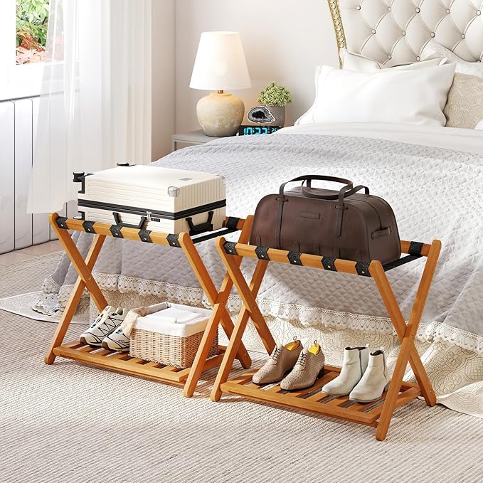Goplus Luggage Rack for Guest Room Set of 4, Folding Suitcase Stand with Storage Shelf, Acacia Wood Frame & 5 Nylon Straps, Fully Assembled 27" Luggage Stand for Bedroom, Hotel, Holds up to 200 LBS