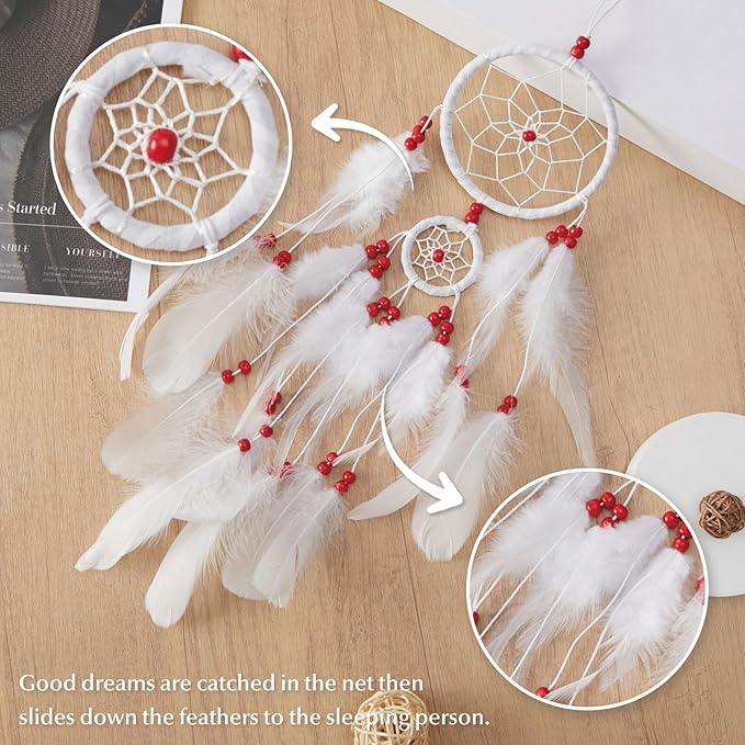 Pretty Jolly Indian Small White Dream Catchers Wall Decor Handmade Feathers Native Mini Dreamcatchers Home Decoration Ornament for Bedroom Birthday Party-2 Rings