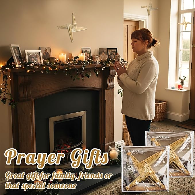 Kathfly 2 Pcs St. Brigid's Wall Cross and Card Irish Gift Saint Brigid's Cross History Card Irish Blessing Gift Ireland Hanging Wall Traditional Decor for Celtic Imbolc Home(6 in,Classic,Straw Color)