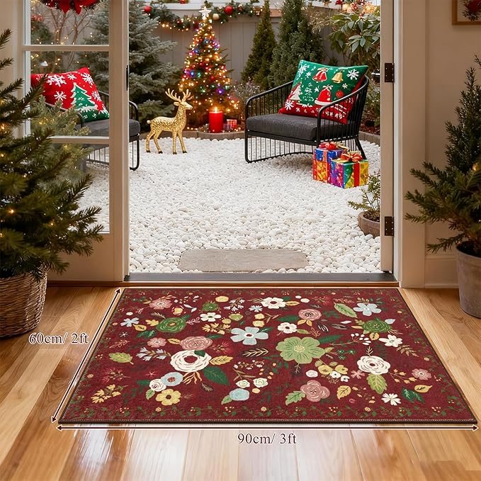 U'Artlines Colorful Floral Indoor Door Mat Entrance Rug 2'x3'Soft Non Slip Machine Washable Red Christmas Area Rug Small Carpet for Entryway Kitchen Bathroom Bedroom (Red)