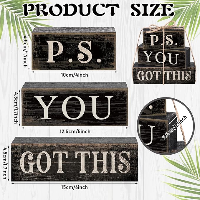 Yuntau 4 Pcs Farmhouse Motivational Office Desk Black Decor P. S. You Got This Wooden Tabletop Inspirational Tiered Tray Decorations Rustic Sign Block Gift for Women Home Kitchen Shelf