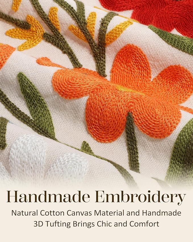 Embroidered Throw Pillow Cover 20x20 Inch - Spring Summer Boho Decorative Pillow Cover with Zipper for Living Room Couch Sofa Bed Aesthetic Design Flower Cluster Cushion Pillowcase
