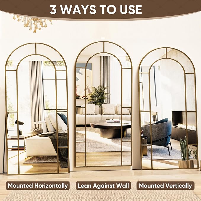 Antok 78" x 38" Full Length Mirror, Floor Mirror Arched Window Decorative Mirror, Metal Framed Decor Farmhouse Floor Mirrors Art Pane Mirrors Wall Decor for Bedroom, Living Room, Entryway Black