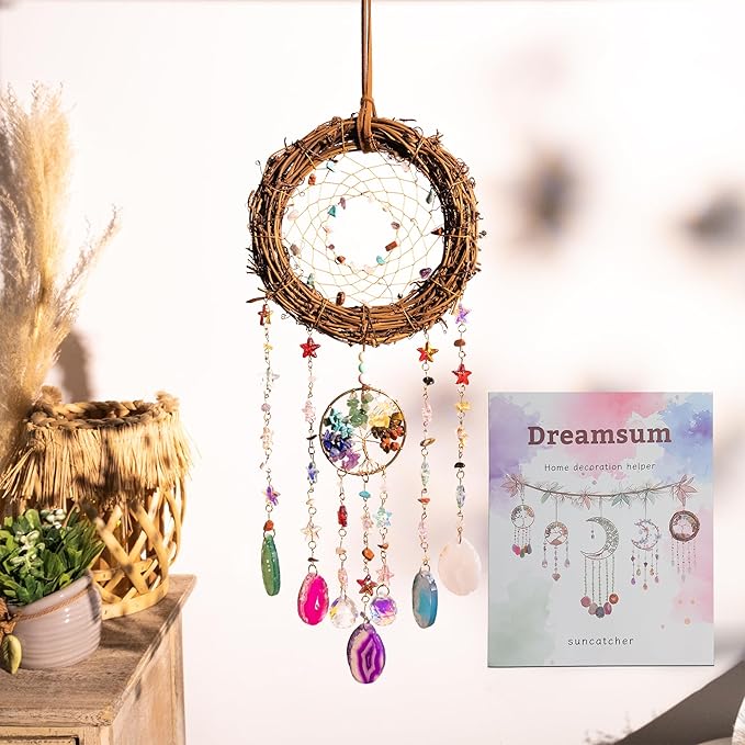 Handmade Natural Dream Catcher Hanging Home Decor at Livingroom Window and Garden, Unique Design with Rattan, Stones, Agate & Crystal - Ideal for Any Space & Gift Giving to Lovers Parents and Friends
