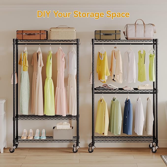 Rolling Clothing Rack for Hanging Clothes Heavy Duty Garment Rack with Wheels Metal Adjustable Shelves & Double Hanging Rods H2 Portable Closet for Bedroom, Black Coat Rack