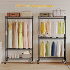 Rolling Clothing Rack for Hanging Clothes Heavy Duty Garment Rack with Wheels Metal Adjustable Shelves & Double Hanging Rods H2 Portable Closet for Bedroom, Black Coat Rack
