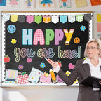 Back to School Bulletin Board Decoration, Happy You're Here Bulletin Board Set, Composition Notebook Happy Face Apple Daisy Cutouts for Classroom First Day of School Chalkboard Wall Door Teacher Decor