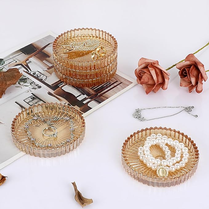 Modern Clear Coasters Set of 5- Glass Cute Coasters for Drinks Crystal Coaster Round Chic Cup Mat Cute Coffee Table Coaster for Kitchen, Bar, Dining Room, Living Room, Patio(Amber)