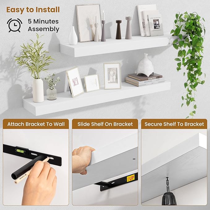Fun Memories Floating Shelves for Room Wall, 36 Inch Long Shelf Set of 2， Hanging Wood Shelves for Storage & Display, White