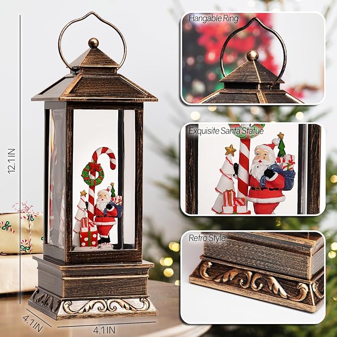 12" Christmas Snow Globe Lantern with Santa Claus - Water Glittering LED Light Lantern with Music - Vintage Xmas Angle Gift - USB Plug or Battery Operated Home Decor