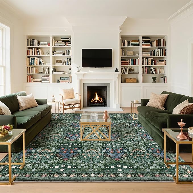 Washable Dark Green Rug for Living Room, 9x12 Large Area Rug for Dining Room, Bedroom, Soft, Low Pile, Non-Slip & Stain Resistant - Vintage Floral Design Carpet