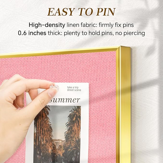 Linen Bulletin Board 36" x 24", Fabric Pin Board with Gold Aluminum Frame, Decorative Vision Board for Home Office, Bedroom & Dorm Wall Decor, Includes 10 Push Pins, Pink