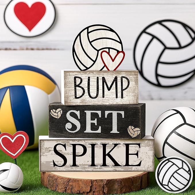 Yuntau 4 Pcs Volleyball Centerpieces for Table Volleyballs Tiered Tray Decorations Wooden Bump Set Spike Farmhouse Decorative Faux Book Stack Block Sign for Room Shelf Coffee Table Fireplace Mantel
