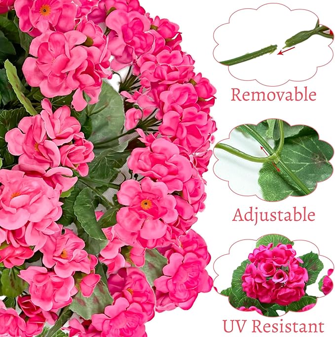 Artificial Geraniums Flowers for Outdoors Spring Decor, 4 Bundles UV Resistant Fake Geraniums Flowers Silk Faux Plants for Home Planter Gardens Table Patio Porch Indoor Cemetery Summer Decor(Color)