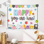 Back to School Bulletin Board Decoration, Happy You're Here Bulletin Board Set, Composition Notebook Happy Face Apple Daisy Cutouts for Classroom First Day of School Chalkboard Wall Door Teacher Decor