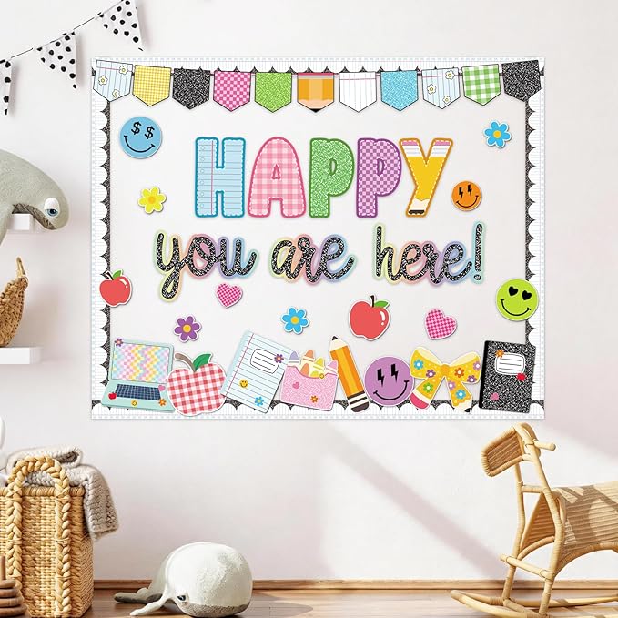 Back to School Bulletin Board Decoration, Happy You're Here Bulletin Board Set, Composition Notebook Happy Face Apple Daisy Cutouts for Classroom First Day of School Chalkboard Wall Door Teacher Decor