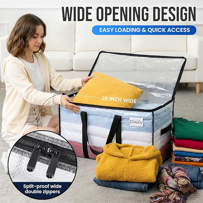 TAILI Extra Large Moving Bags, 4 Pack Clear Heavy Duty Totes For Storage with Visible Window, Wrap Around Handles, Storage Bags for Space Saving, Alternative to Moving Boxes