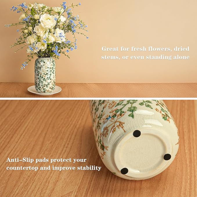 Ceramic Vase for Flowers – Modern Small Ribbed Textured Flower Vase for Home Decor, Pampas Grass, Decorative, Farmhouse, Coffee Table, Kitchen Centerpieces, Bookshelf and Home Living (Ice Crack Beige)