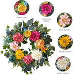 24 Inch Spring Wreaths for Front Door,Spring Wreaths,Spring Summer Door Wreaths with Yellow and Pink Dahlia Hydrangea Peony Flower Wreath for Outside Indoor Outdoor Home Porch Wall Decor