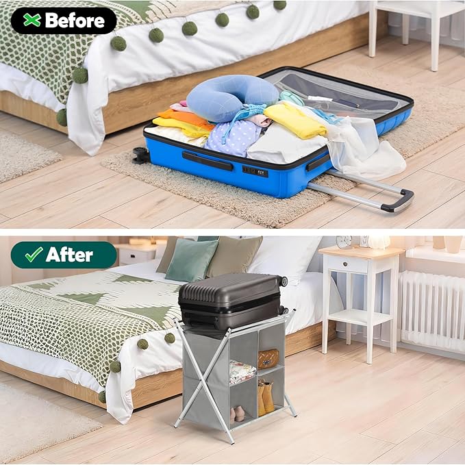 Luggage Rack for Guest Room, Suitcase Stand with 4 Fabric Storage Compartments and 4 Nylon Straps, Metal Folding Luggage Rack for Hotel, Bedroom, Living Room, Gray