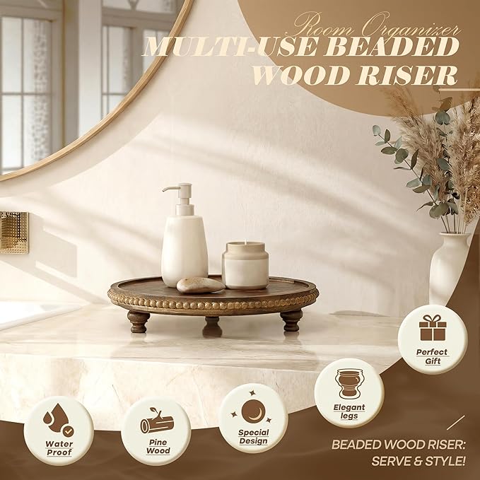 EOSAHR Acacia Wood Beaded Round Display Riser for Room Decor – 3-Leg Wooden Pedestal Stand for Coffee Table Decor, Cake Stand, Perfume & Vanity Organizer – Boho Home Decor for Kicthen Counter (Acacia Wood)