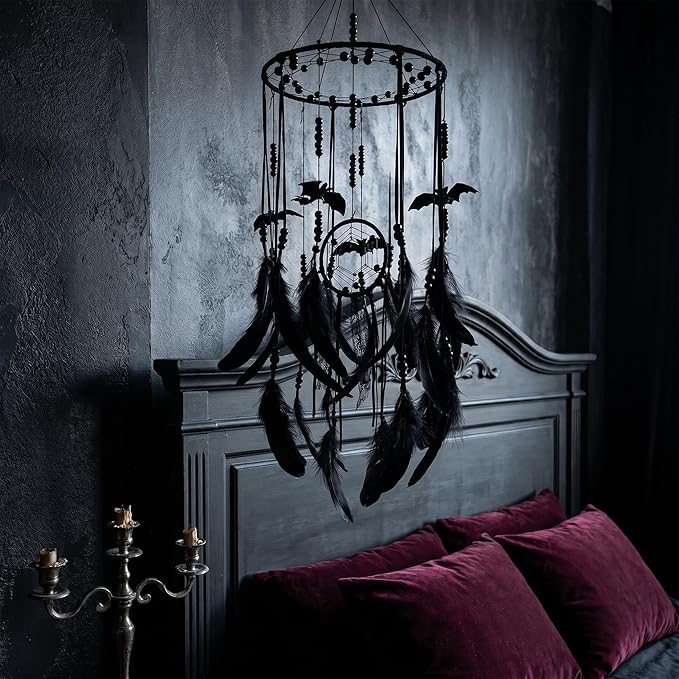 Halloween Gothic Black Dreamcatcher with 5 Bat Ornaments - Wall Hanging for Witchy Home Outdoor Decor, Halloween Bat Decor, Dark Gothic Gift, Goth Wall Hanging Decor
